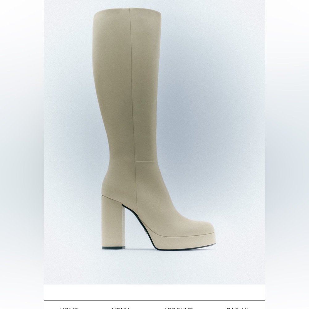 Zara Knee High All Leather Platform Boots Size 8 Off White